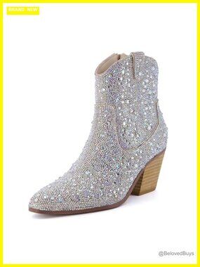 Rhinestone Western Ankle Boots Memory Foam Block Heel